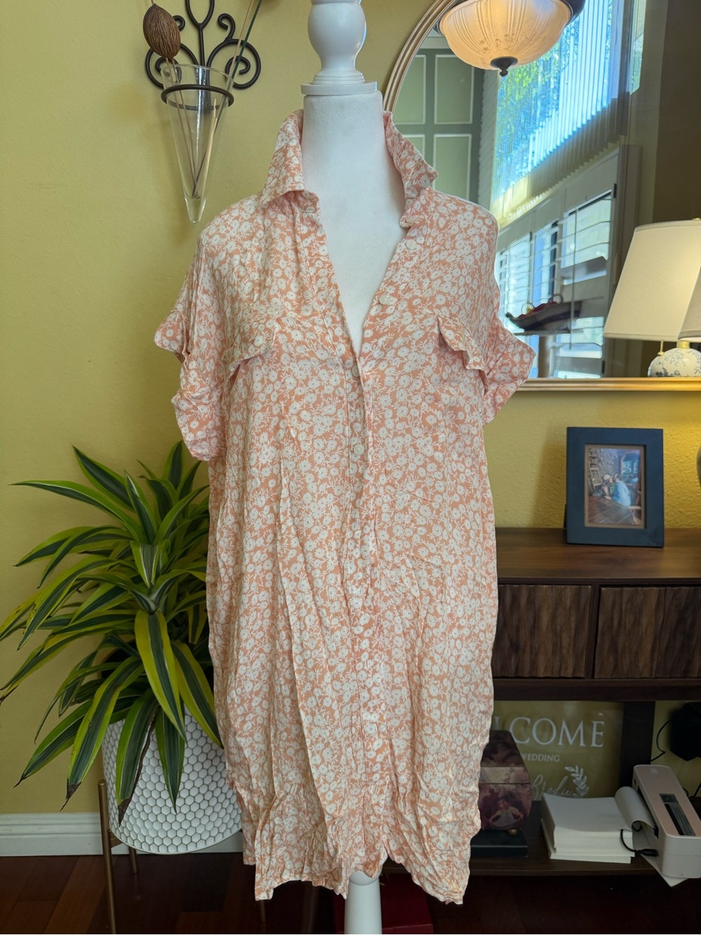 Lost + Wander Peach and White Floral Button-Up Dress or Tunic or Blouse